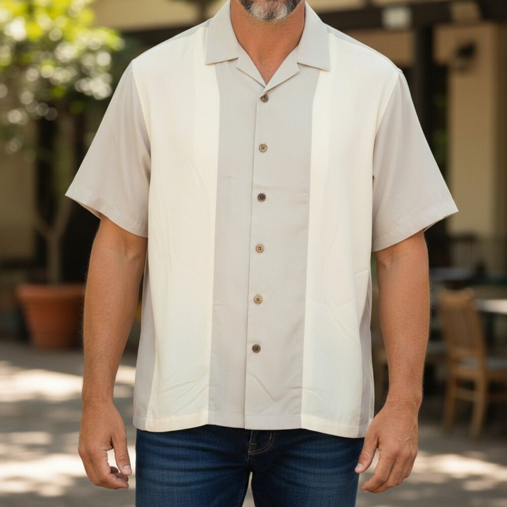 NWT Caribbean XL Soft Modal Blend Button-Down Panel Stripe Men's Shirt Pale Grey